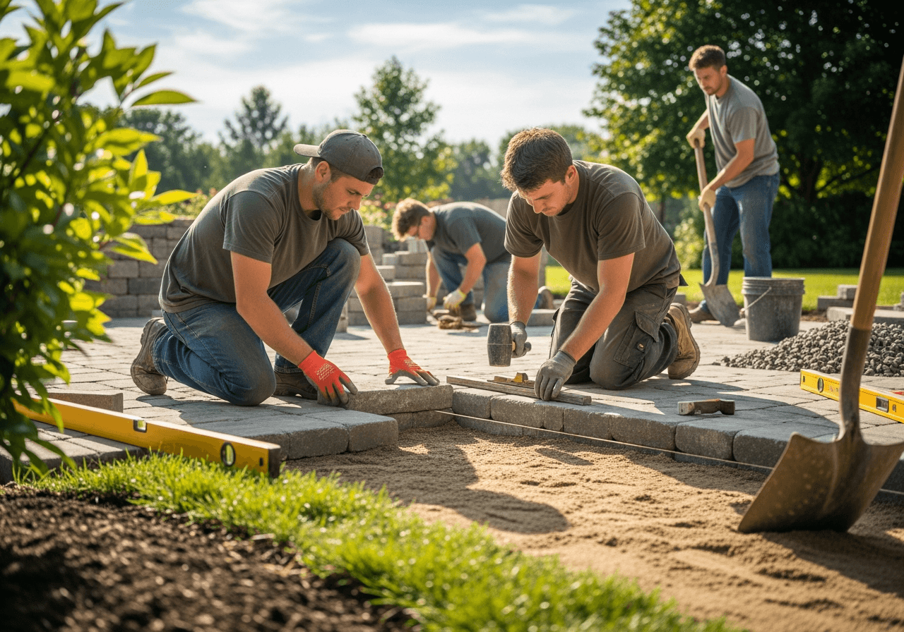 Hardscaping crew installing retaining wall and patio pavers