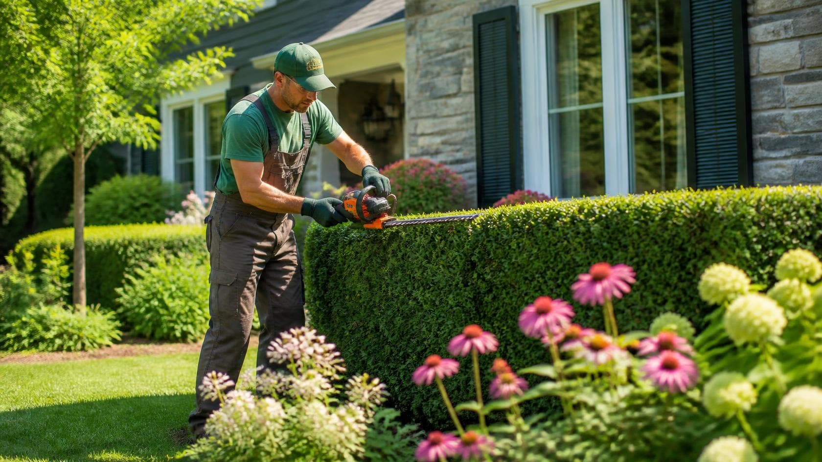 Landscaper trimming a hedge in front of a house