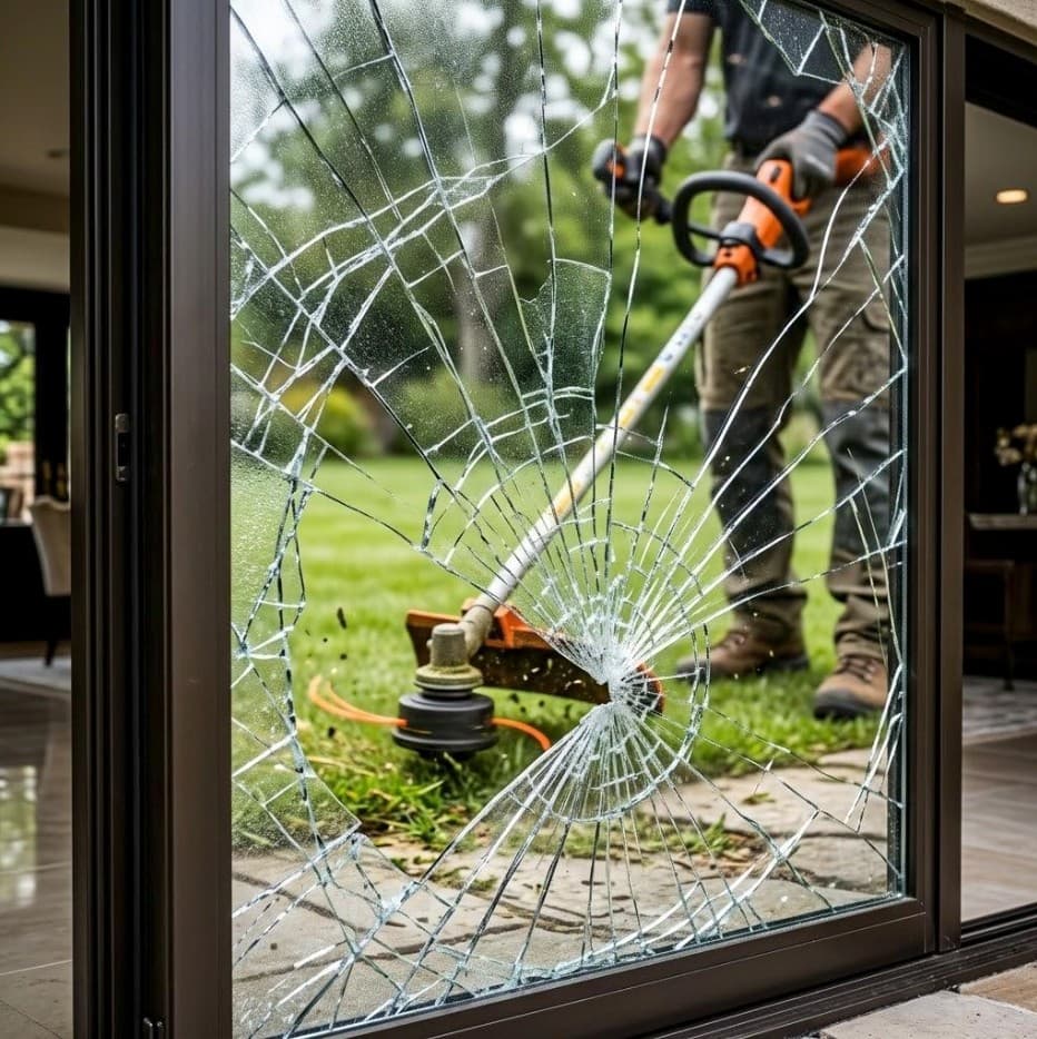 A landscaper using a string trimmer seen through a shattered glass sliding door