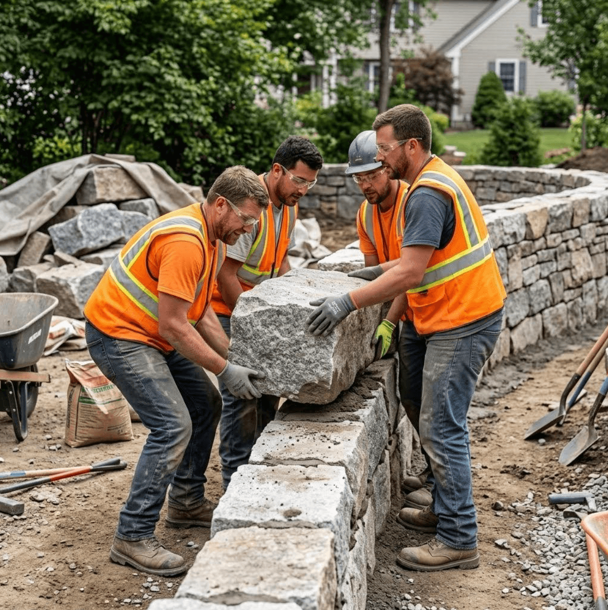 A landscaping crew in safety vests lowering a heavy stone block while building a retaining wall